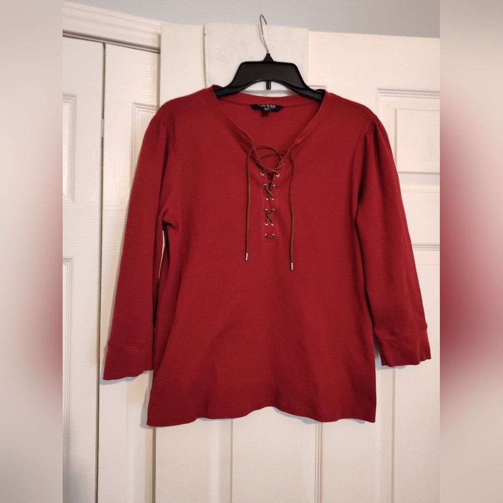 Lauren Ralph Lauren Leather Lace-Up Waffle Henley Red LIKE NEW